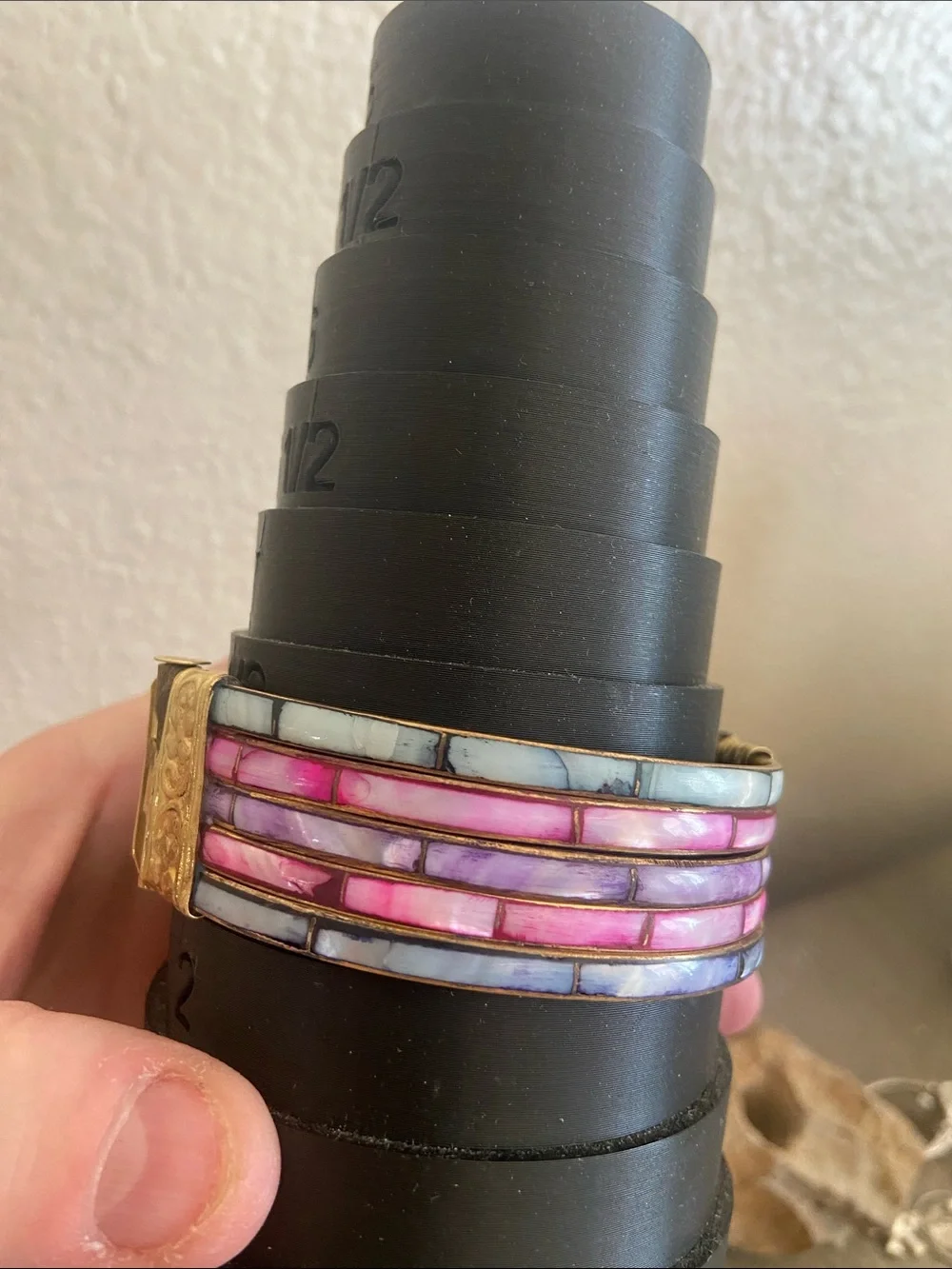 Vintage 70s Brass Mother of Pearl Inlay Hinged Bangle Bracelet